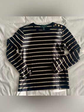 Lauren Ralph Lauren Black & Gold Metallic Striped Long Sleeve Top | Size M